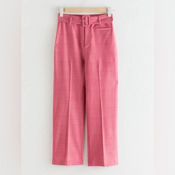 & OTHER STORIES Belted Plaid Kick Flare Trousers Pink Wool Blend- Size 6 - Picture 4 of 13